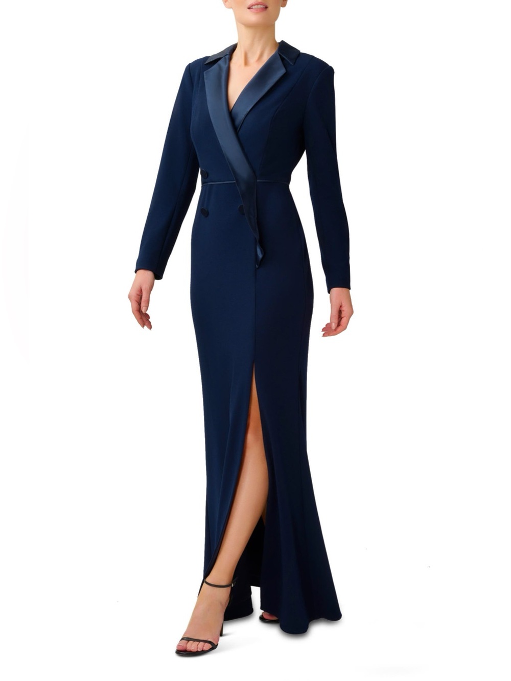 Adrianna Papell Crepe Long Sleeve Tuxedo Trumpet Gown